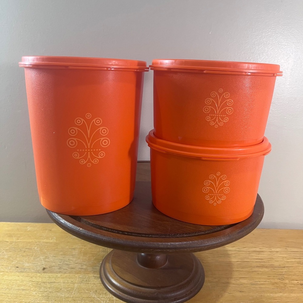 Tupperware Canister Set Vtg Orange MCM Sunburst Lid 809-5 1298-11 3pc Set